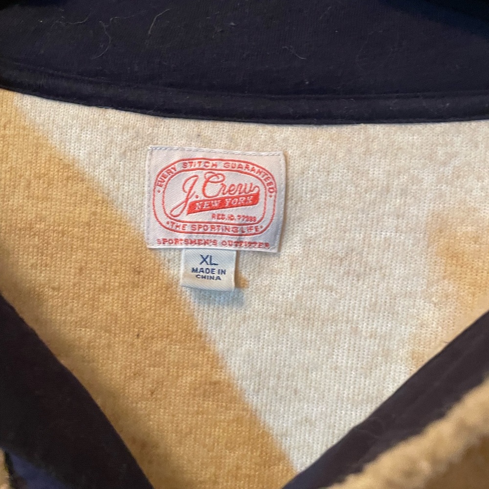 J. CREW Grizzly Fleece Sherpa Mockneck 1/4 Pullover Sz M Cream Navy Blue Mens.